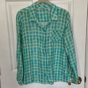 Isaac Mizrahi Blue Green Turquoise Gingham Madras Plaid Seersucker Shirt Blouse
